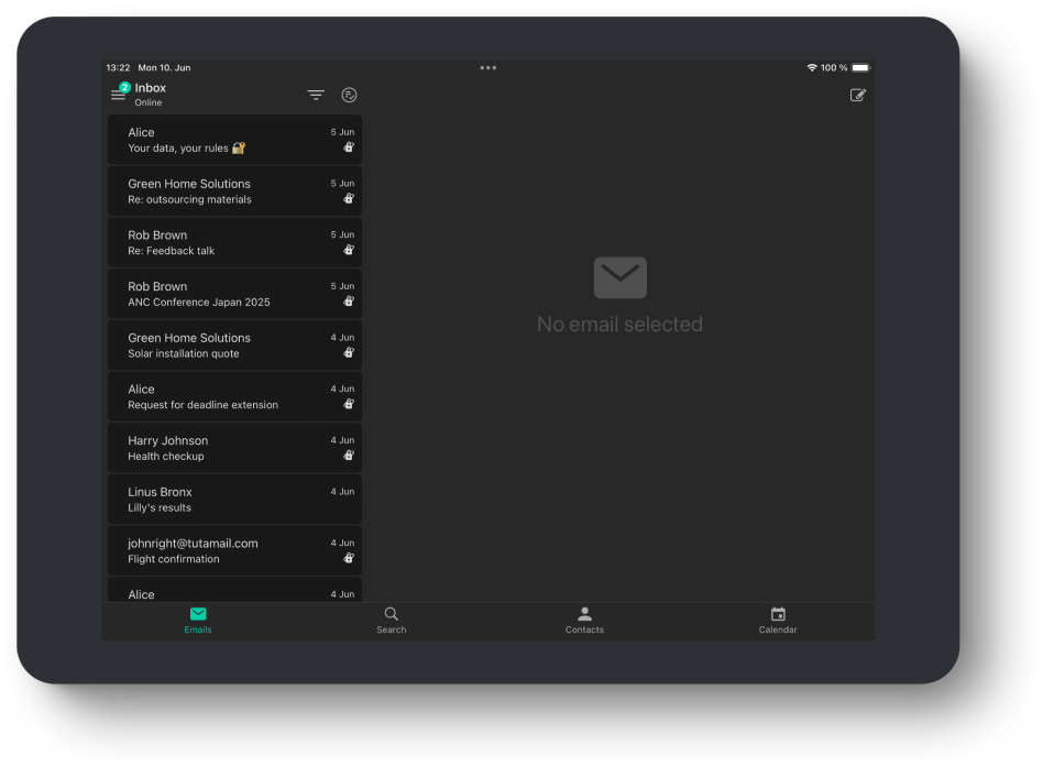 A tablet with the Tuta Mail mobile app open in dark mode displaying a list of emails.