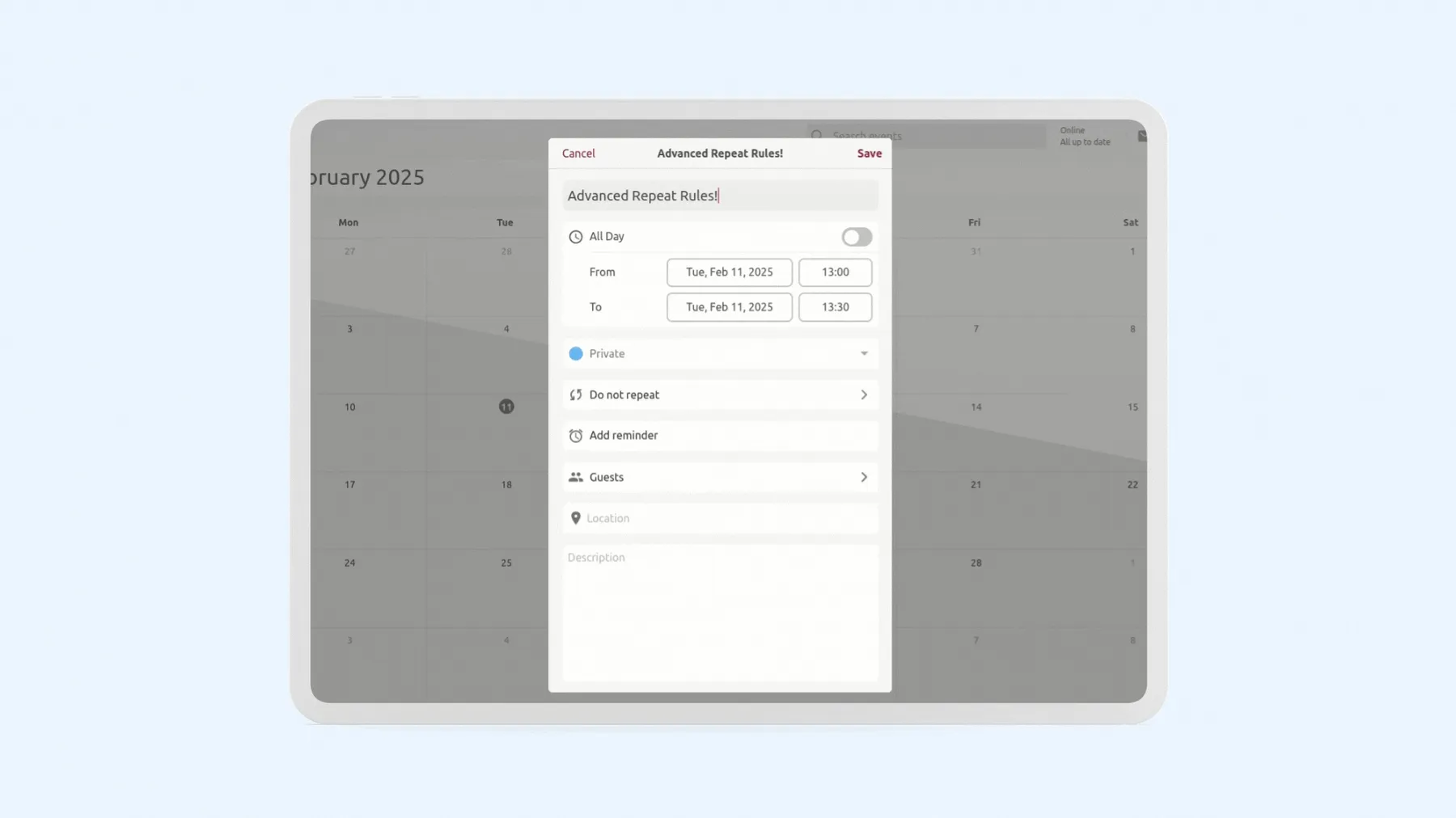 Improved and more specific rules for repeating calendar events.