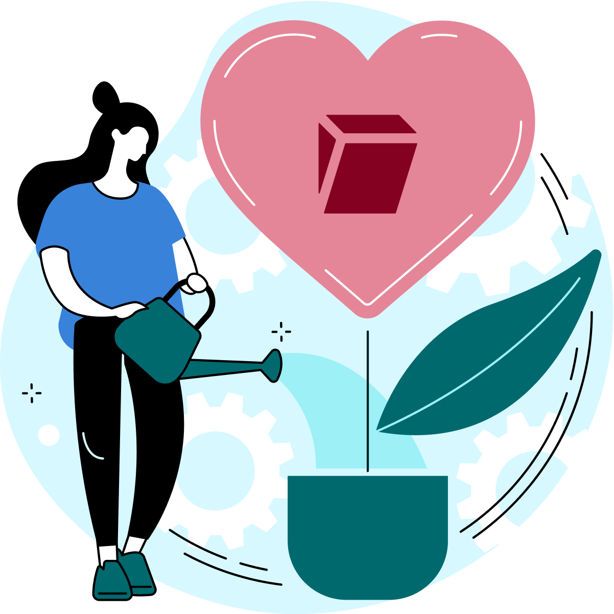 Illustration of a woman watering a plant with a heart and Tuta logo.