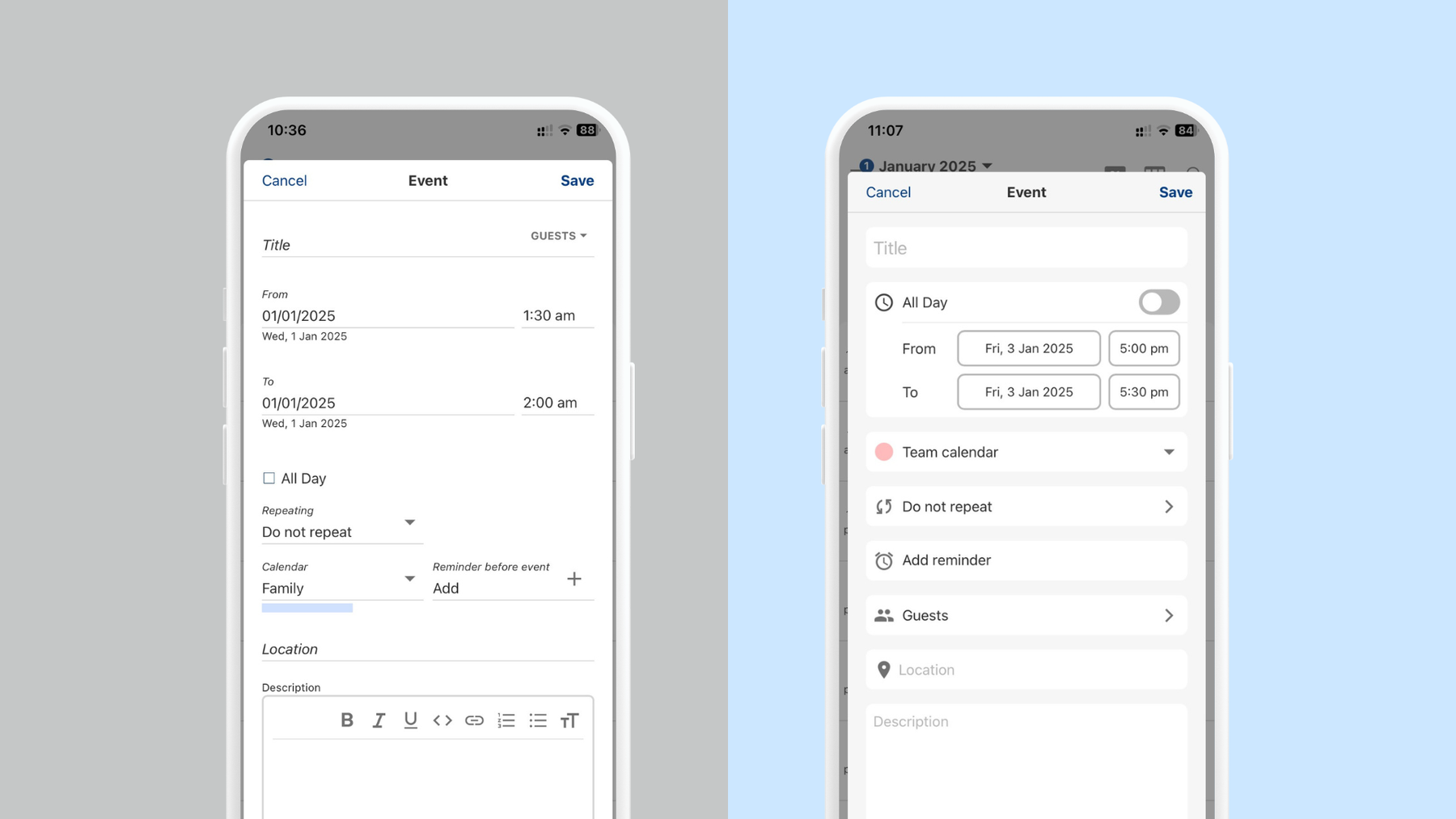 Tuta Calendar old vs new UI design.