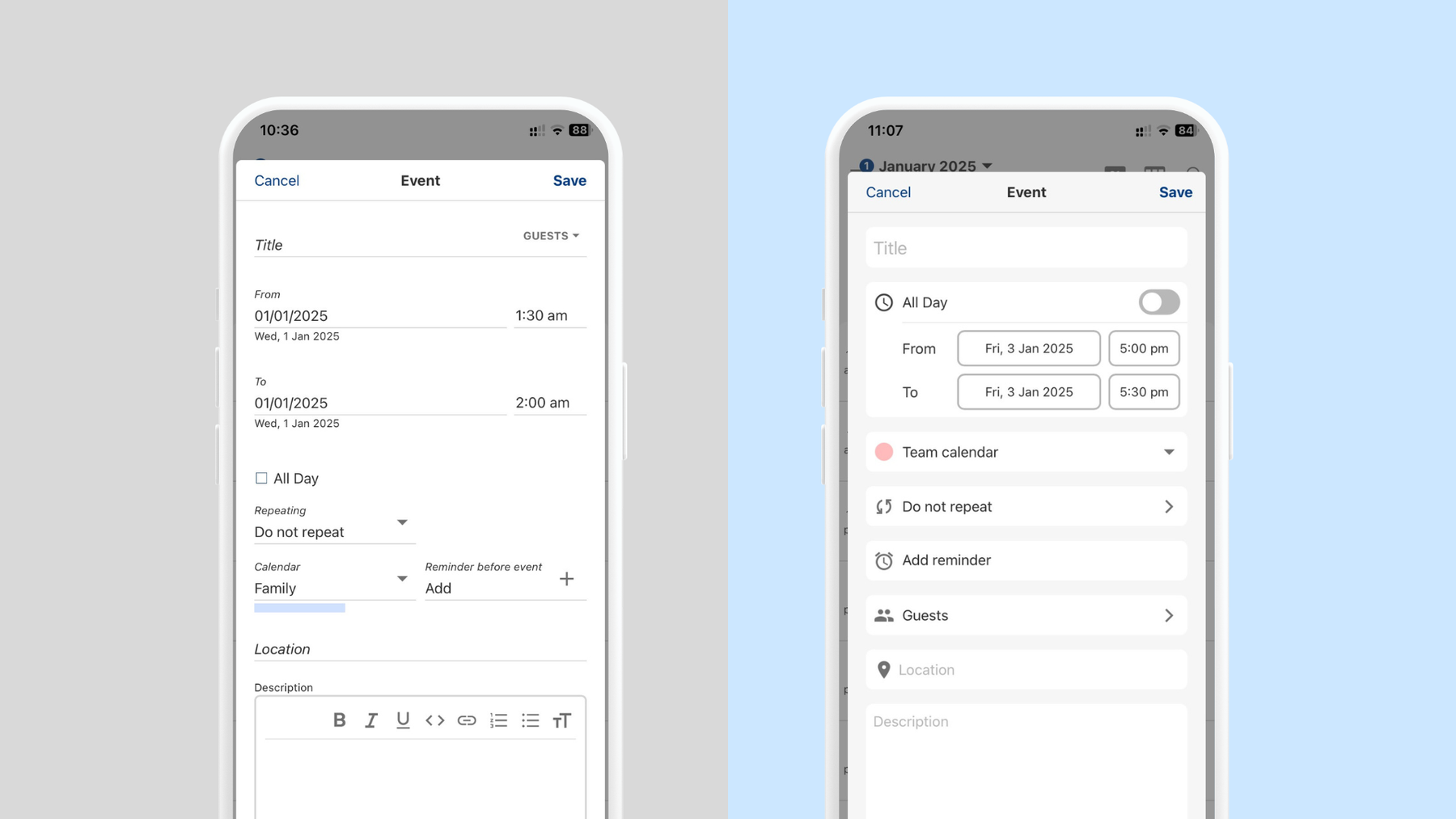 Tuta Calendar old vs new UI design.