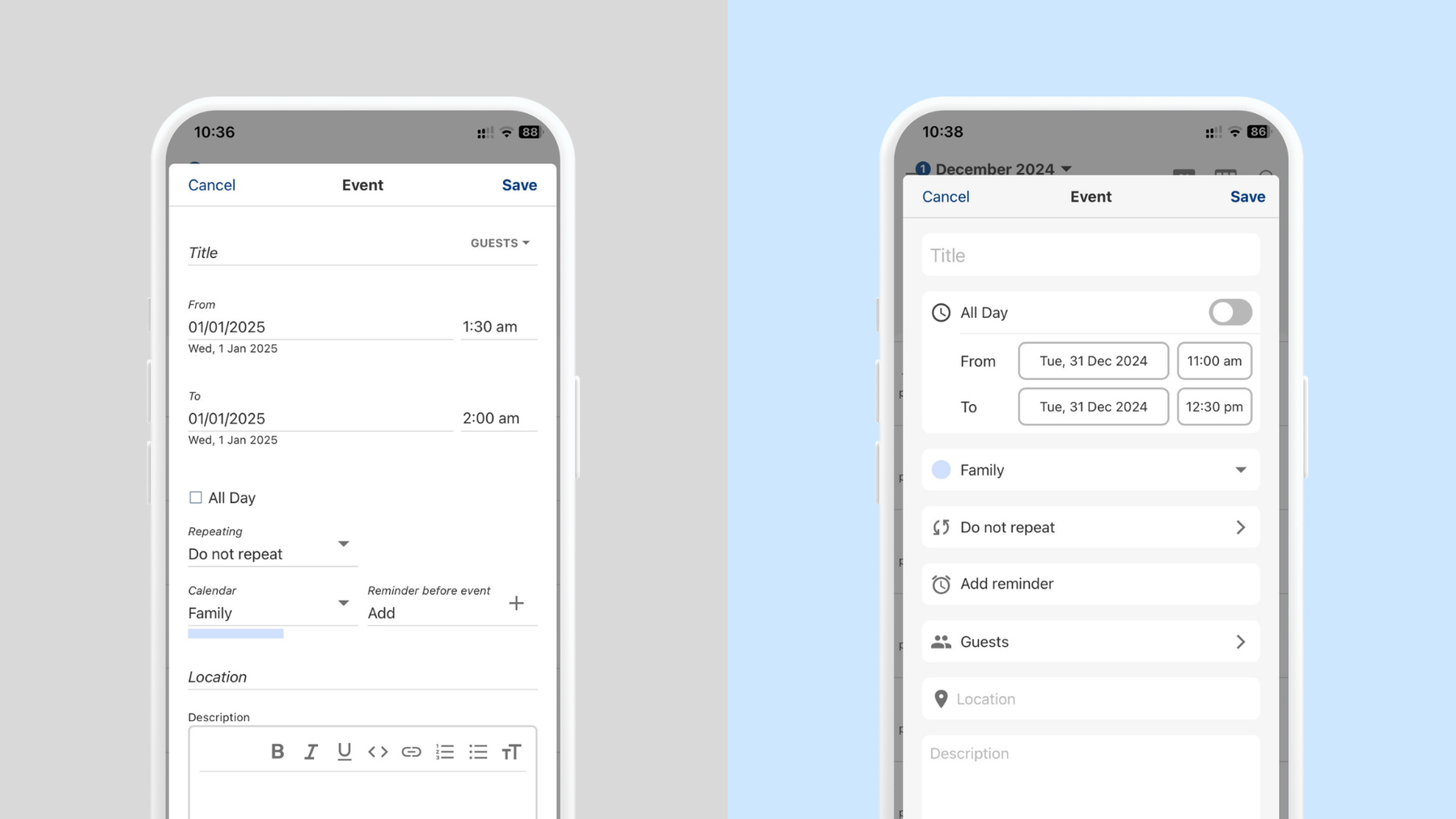 Tuta Calendar old vs new UI design.