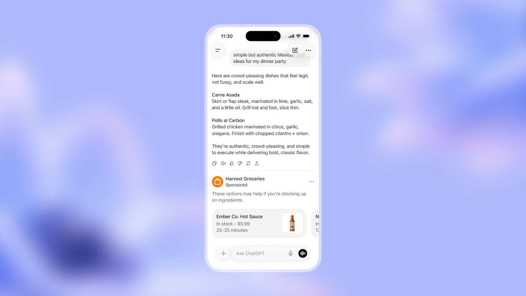 Screenshot from OpenAI of an example ad in ChatGPT