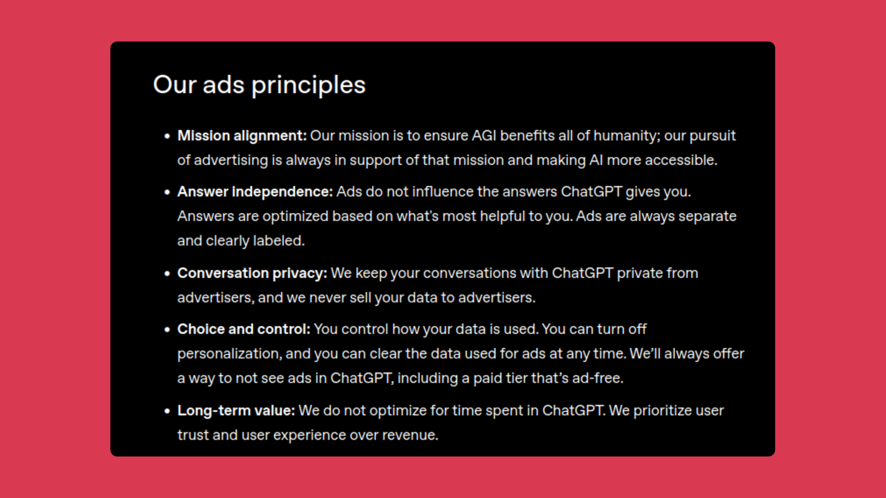 Screenshot from OpenAI of its ad principles