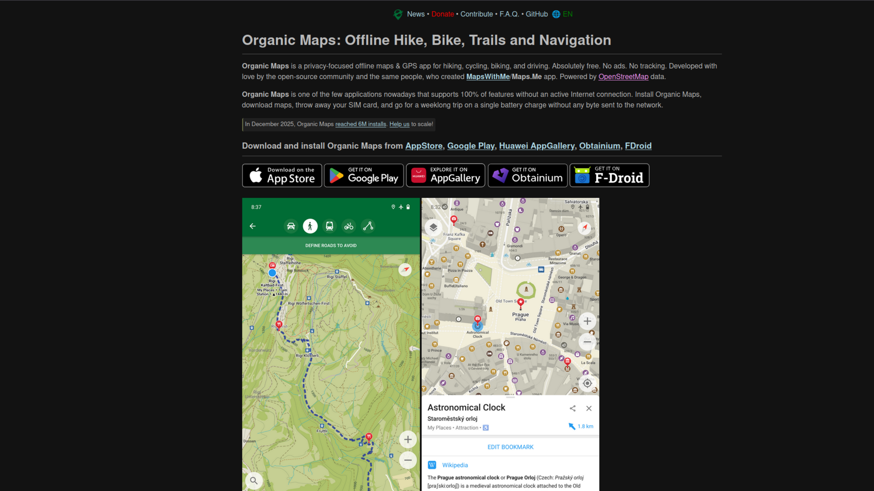 Screenshots of Organic Maps website showing its mobile app.