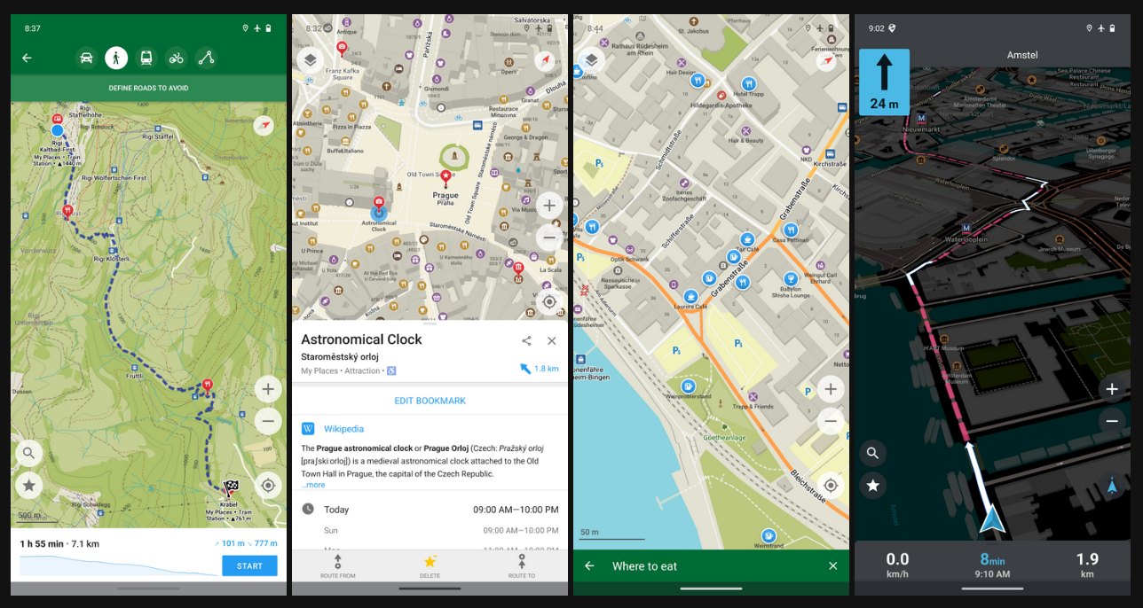 Screenshots of Organic Maps mobile app.