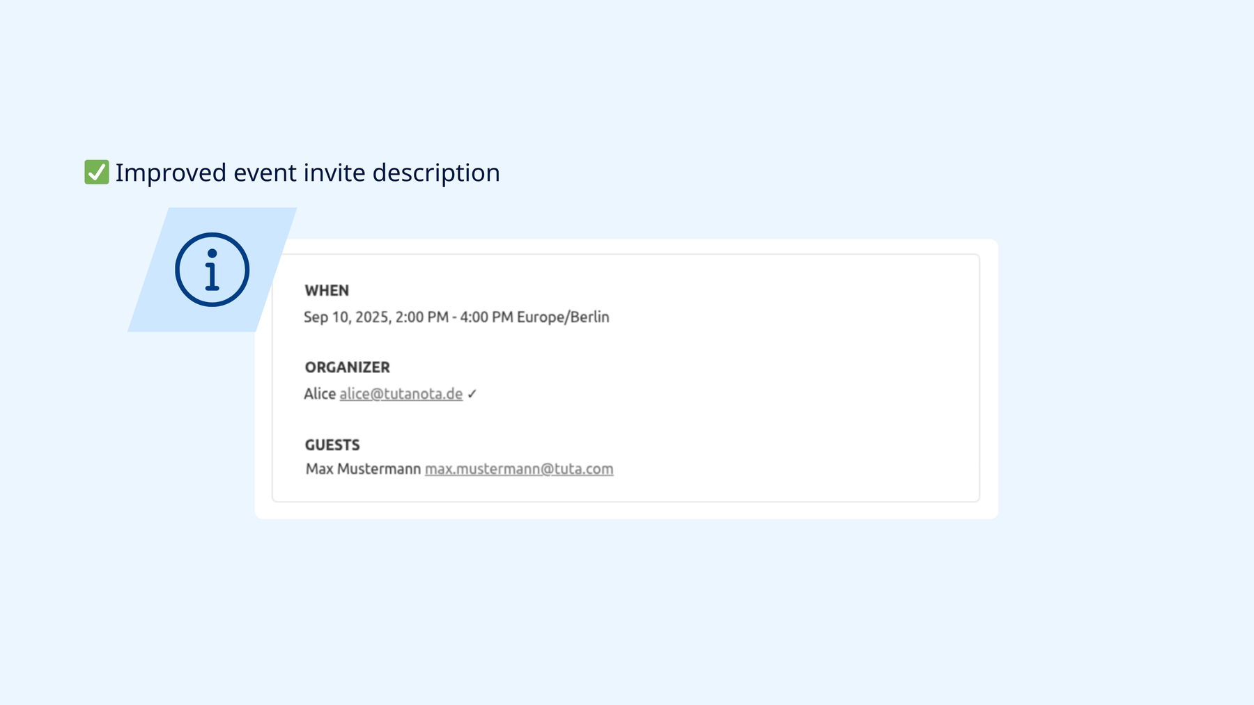 Screenshot: Cleaner, more organized invite emails in Tuta Calendar.