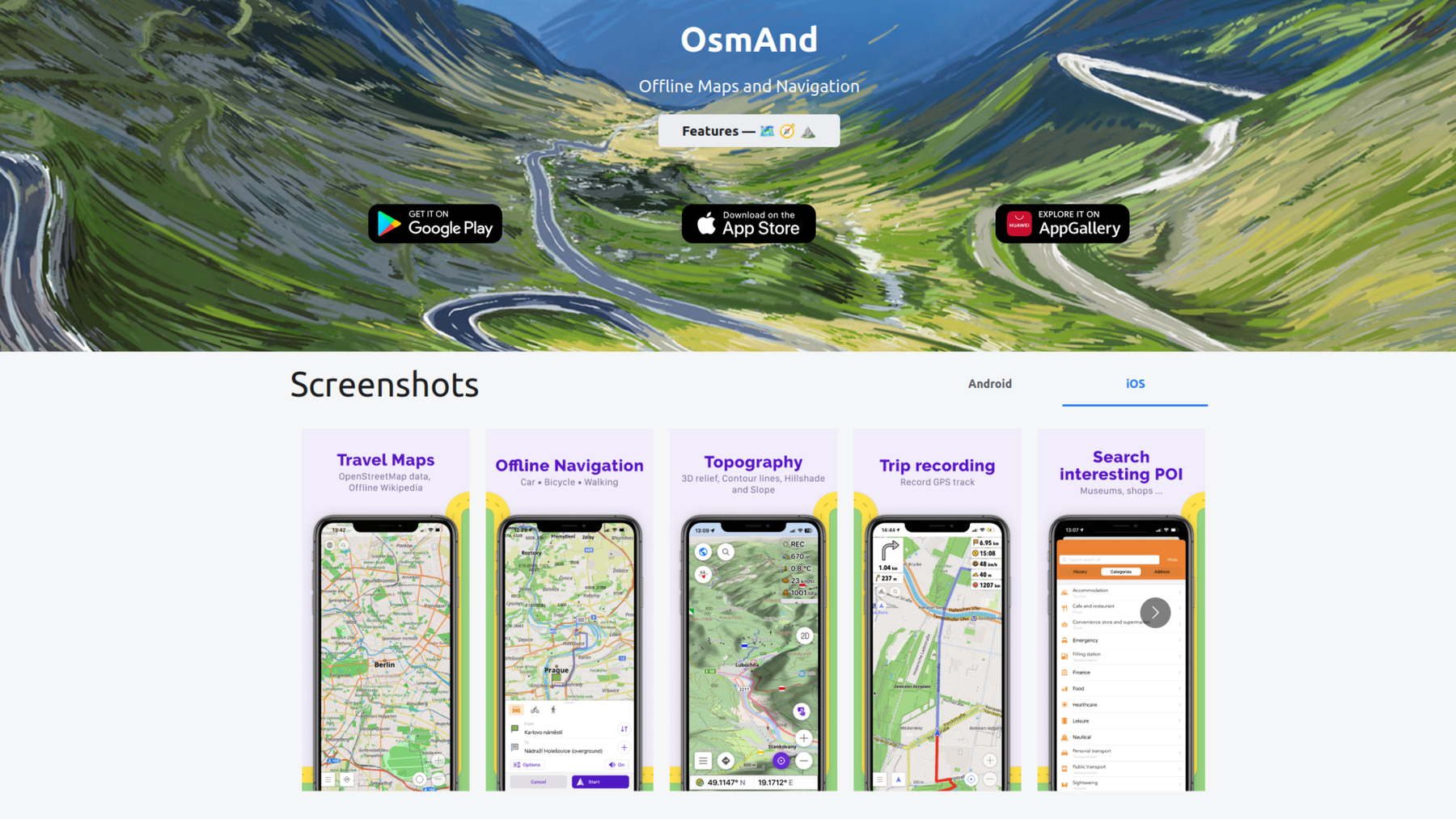 Screenshots of OsmAnd website displaying its maps app for iOS.