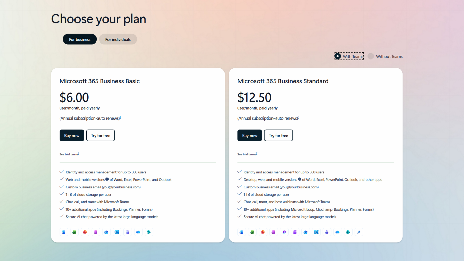 Screenshot Outlook in Microsoft 365 Business plans: Microsoft 365 Business Basic and Microsoft 365 Business Standard.