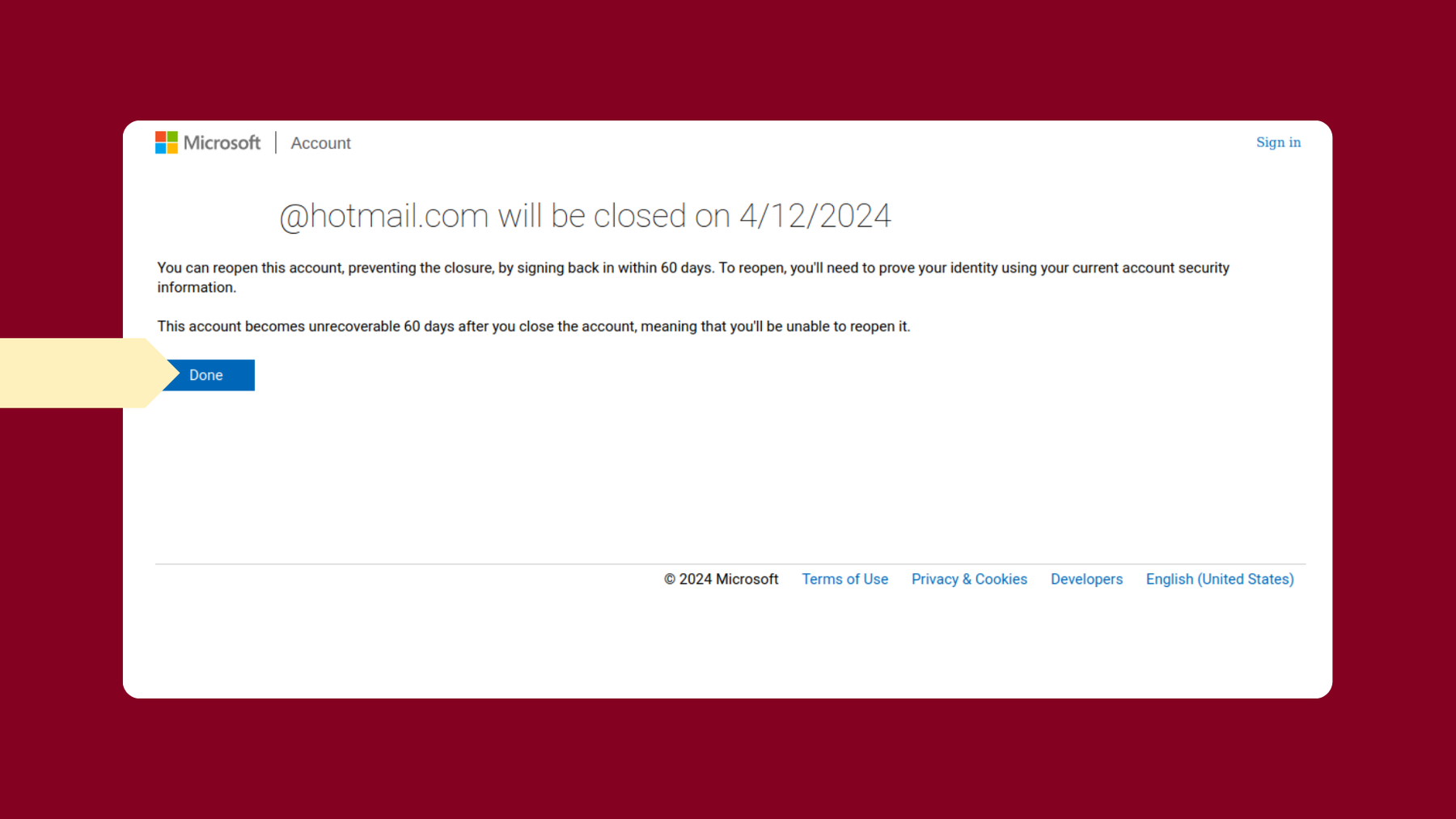 Final notice of closing the Outlook account and date of official closure