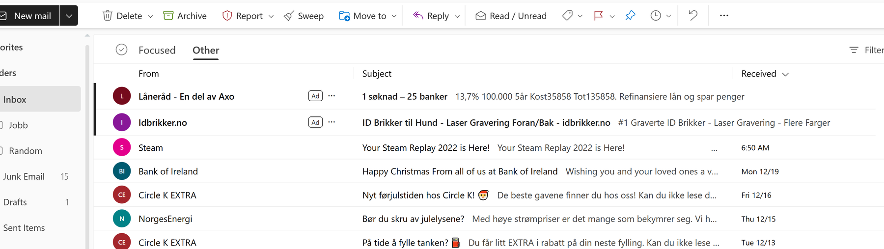 Screenshot from an Outlook inbox with ads disguised as emails.