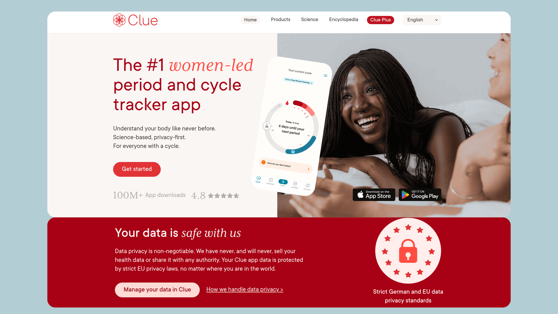 Screenshot of website of Clue App.