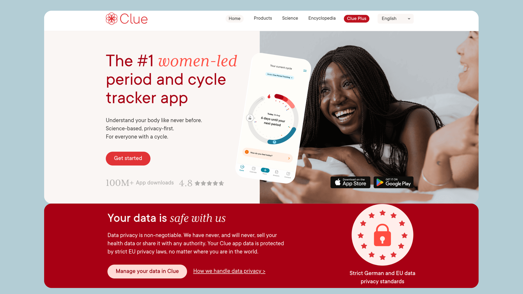 Screenshot of website of Clue App.