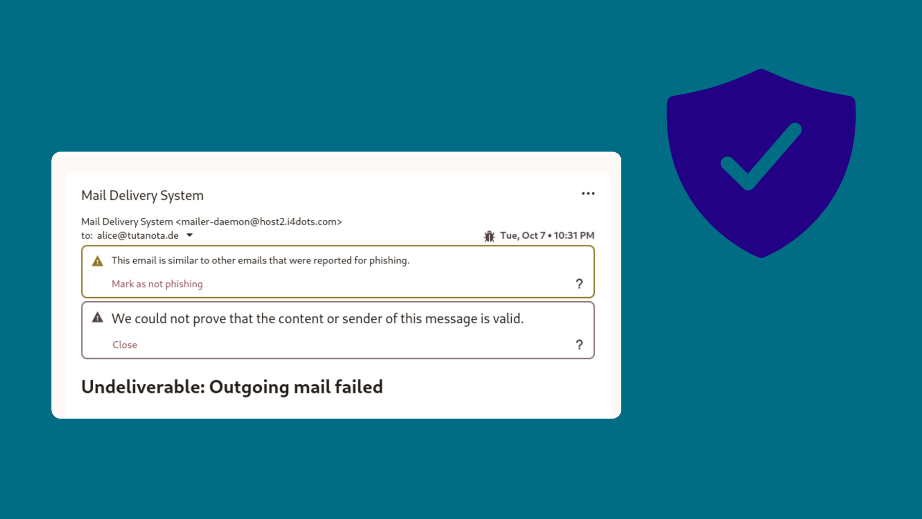 Warning banner that is added to a potential phishing email in Tuta.