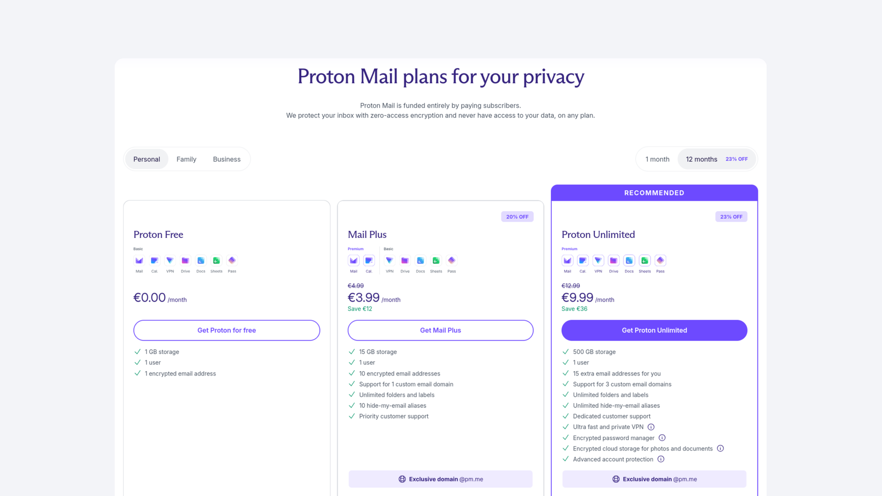 Proton Mail offers a free email plan as well as a Proton Unlimited paid plan.