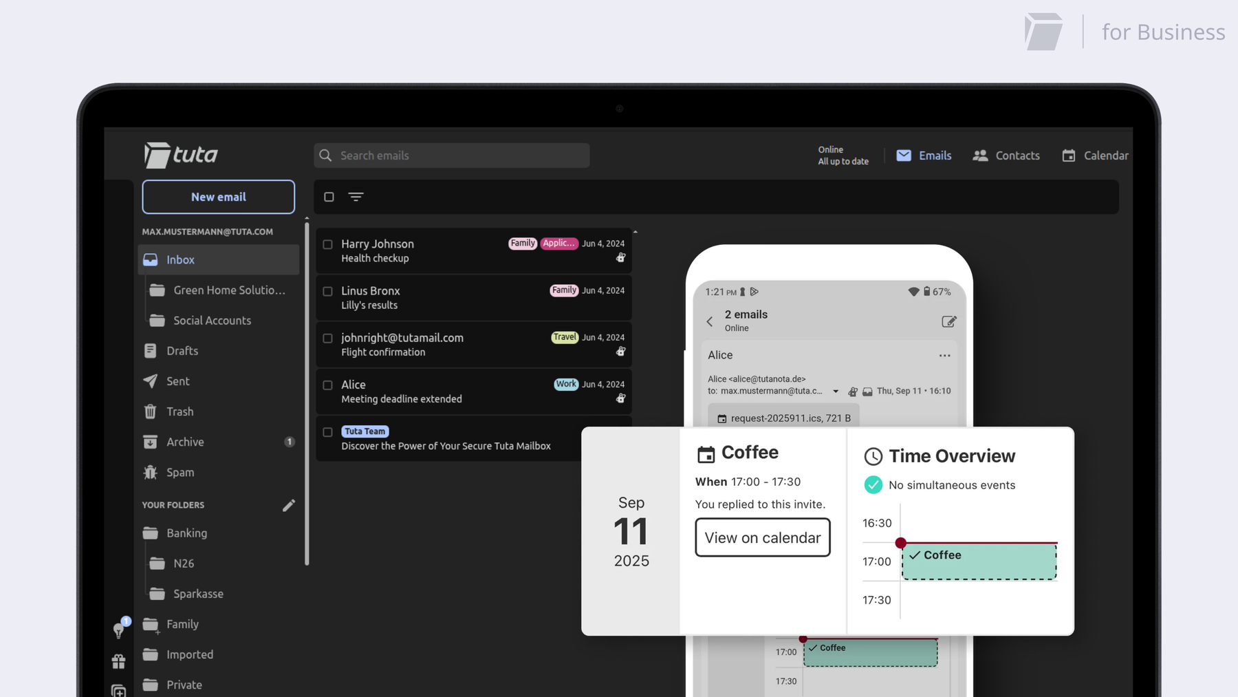 Tuta Mail offers encrypted email, calendar, and contacts for business