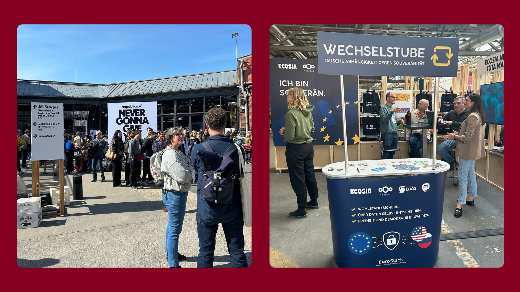 Pictures of the entrance of re:publica 2026 and our booth.