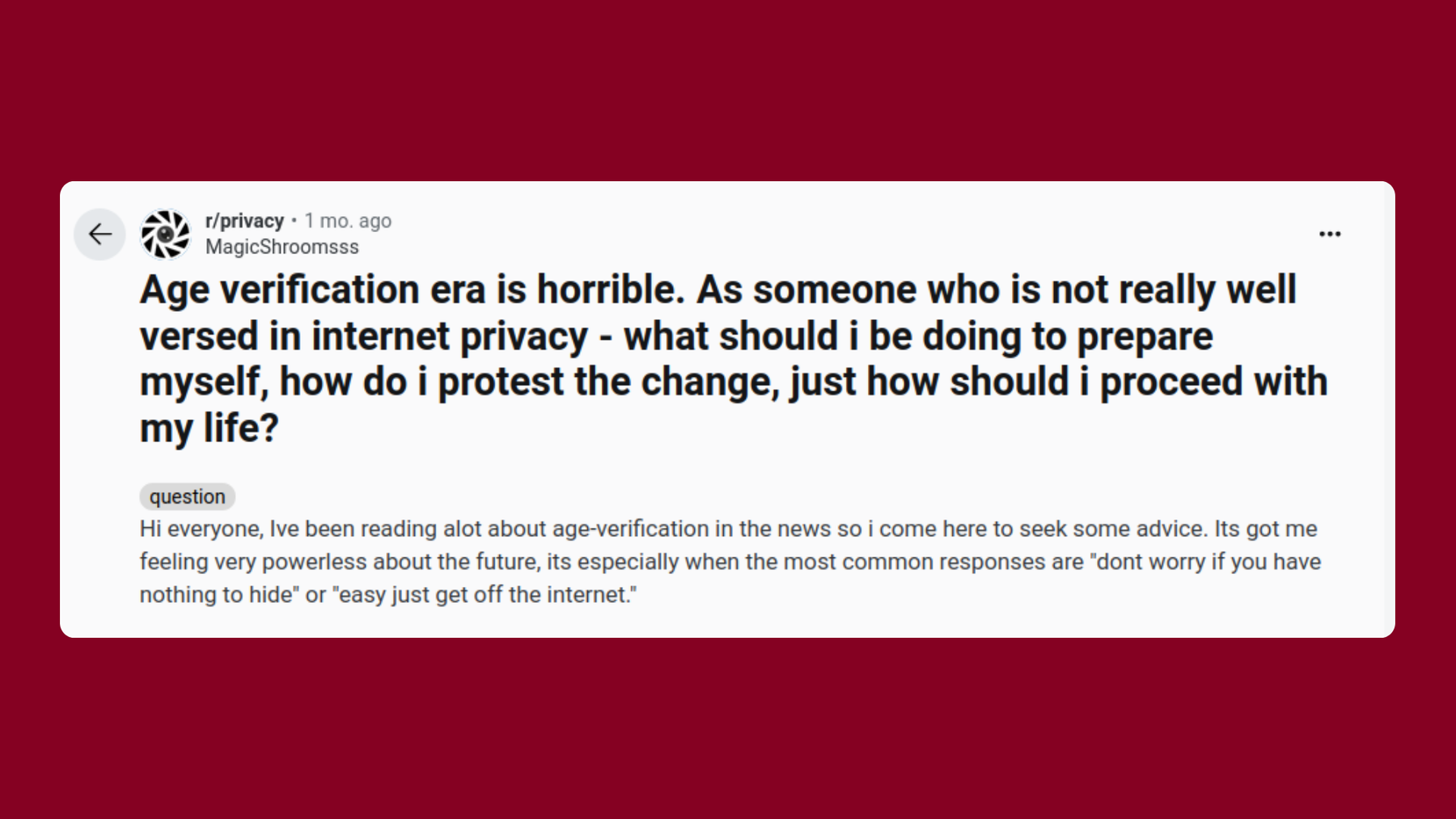 Screenshot of a post on Reddit: Age verification era is horrible. As someone who is not really well versed in internet privacy - what should I be doing to prepare myself, how do I protest the change, just how should I proceed with my life?.