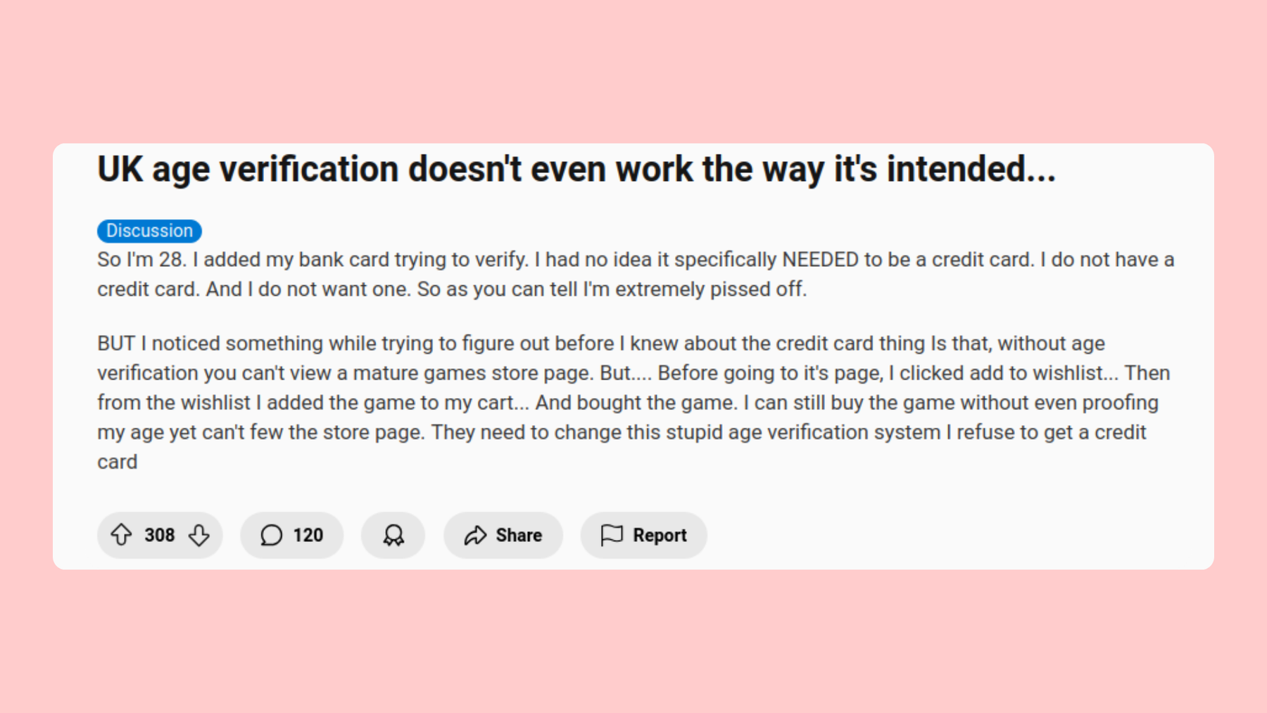 Screenshot of a post on Reddit: UK age verification doesn't even work the way it's intended.