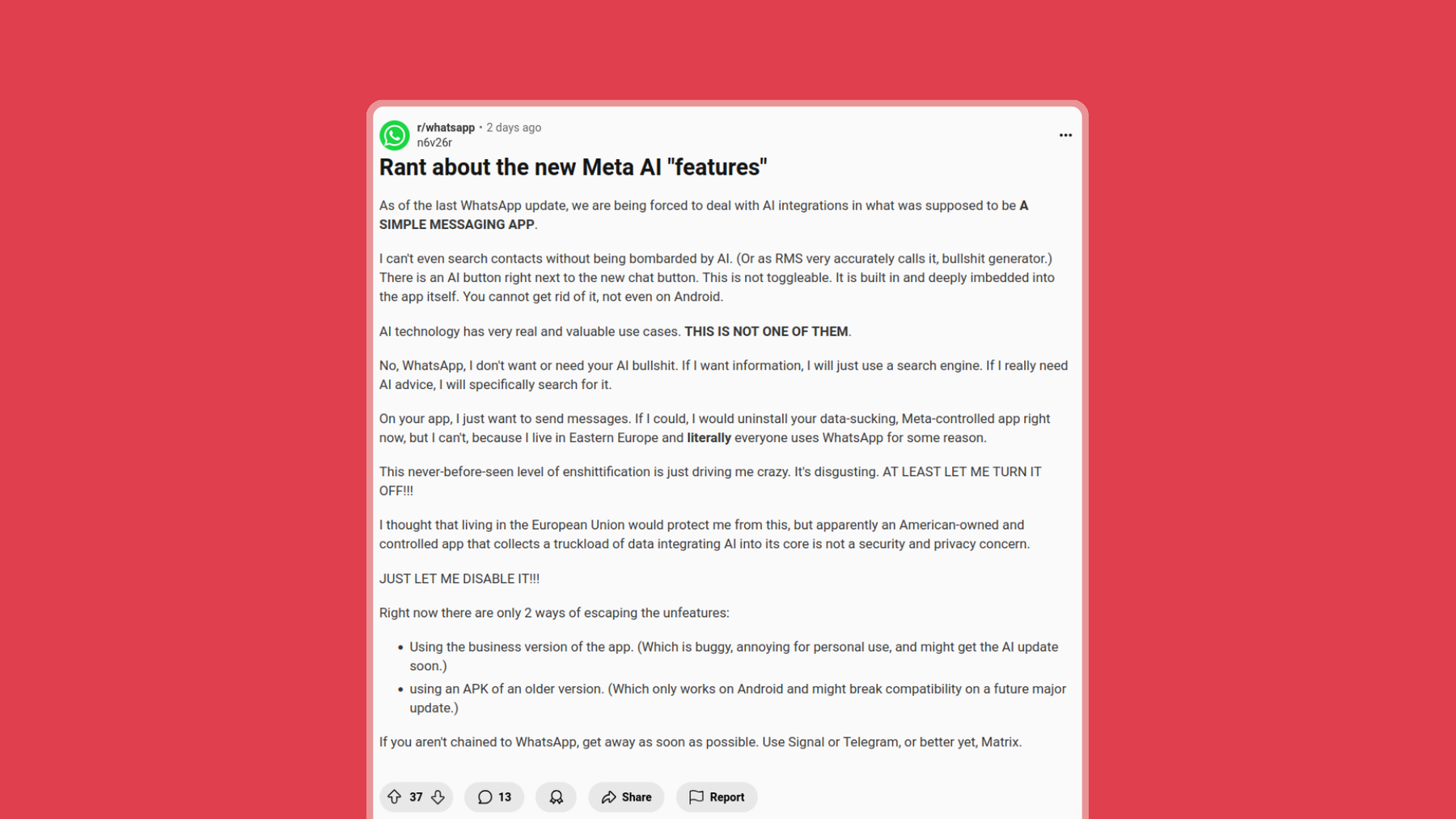 Reddit post: Rant about the new Meta AI “features”.