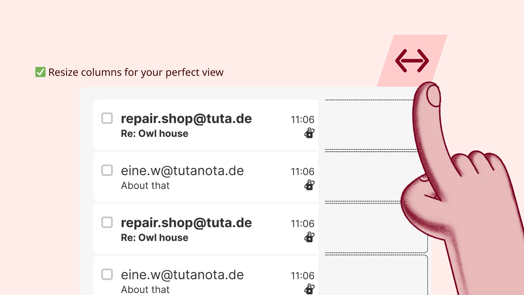 Screenshot: Resizing columns in Tuta Mail in light mode.