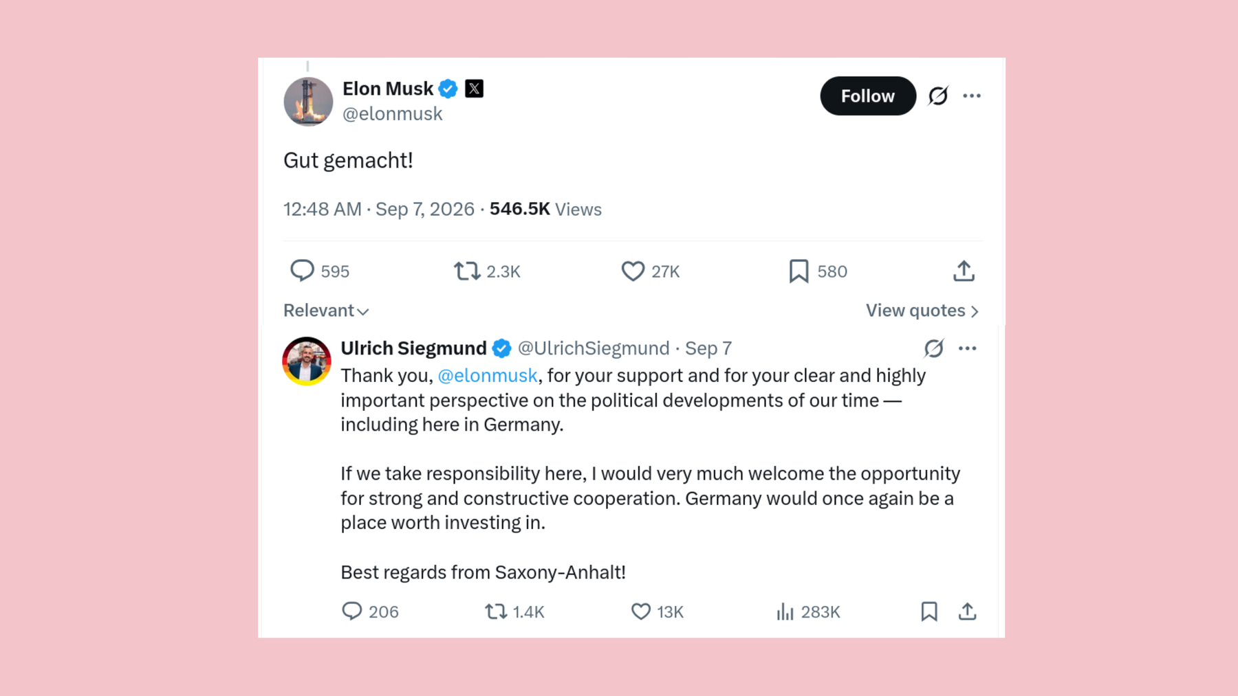 Musk to Alice Weidel on X: “Gut gemacht!”