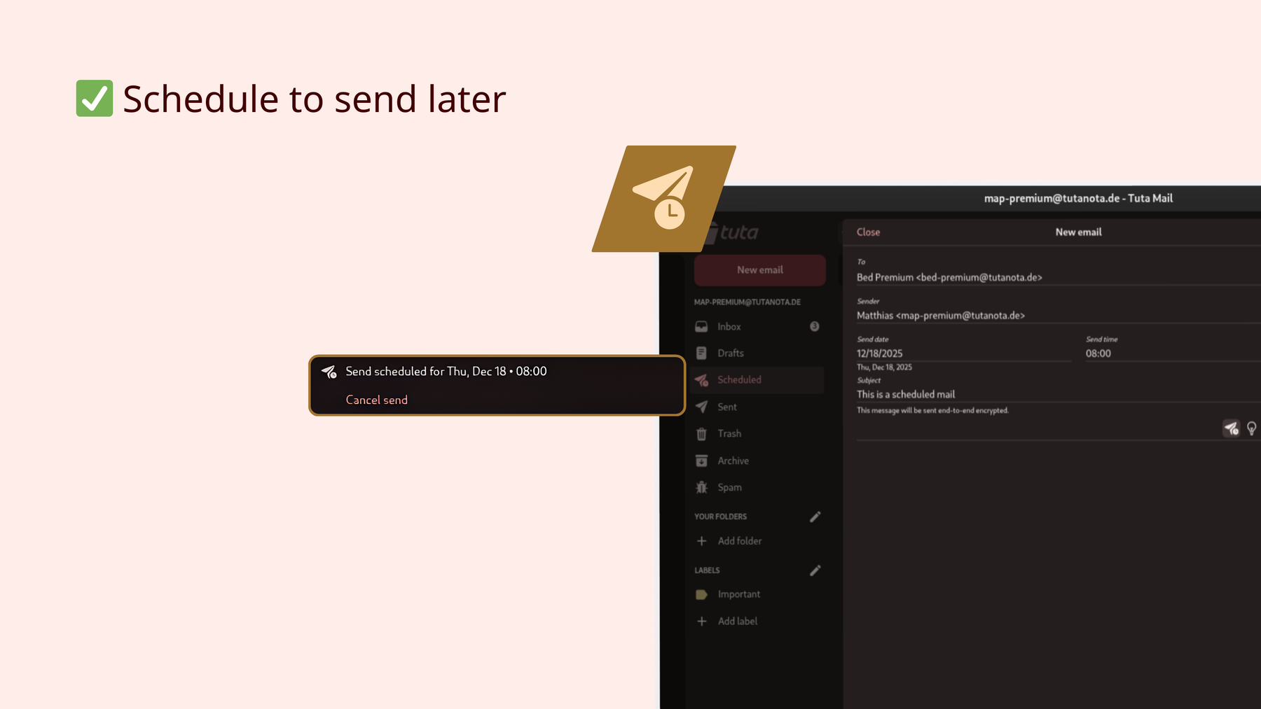 New feature in Tuta Mail: Schedule send emails.