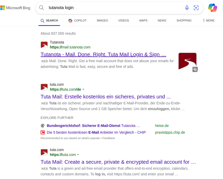 Only on Google, the Tutanota website is not displayed when searching for “Tutanota login”