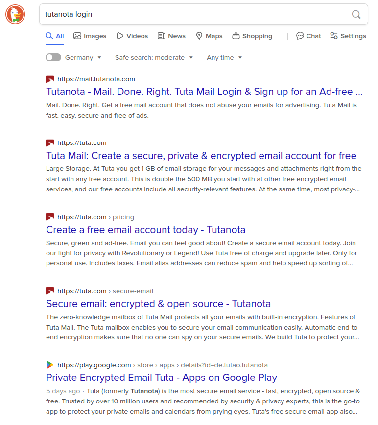 Only on Google, the Tutanota website is not displayed when searching for “Tutanota login”
