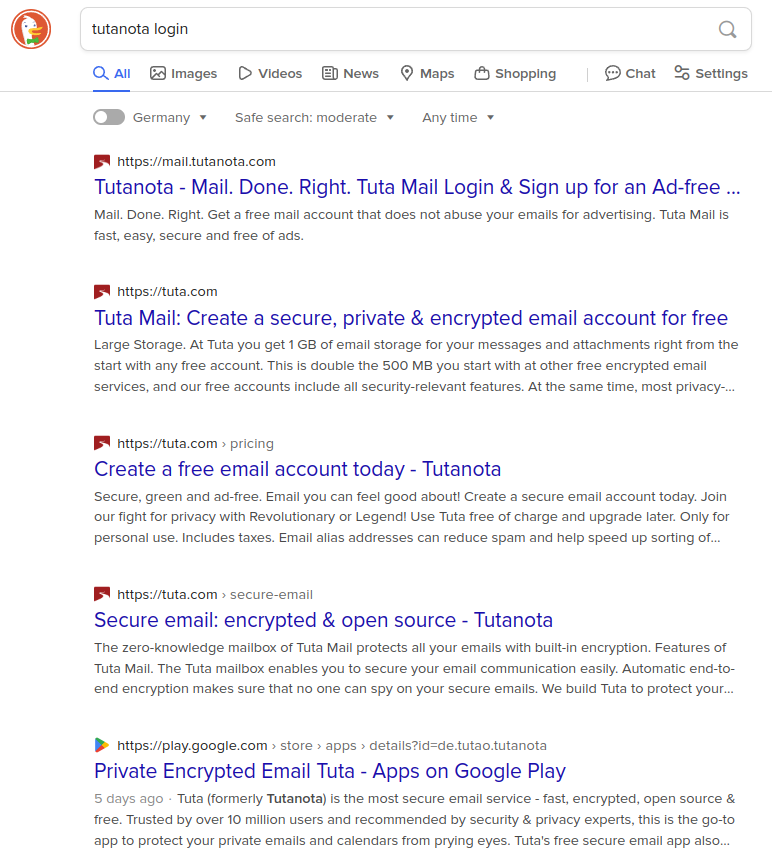 DuckDuckGo-Ergebnisse bei der Suche nach "Tutanota login" in Deutschland