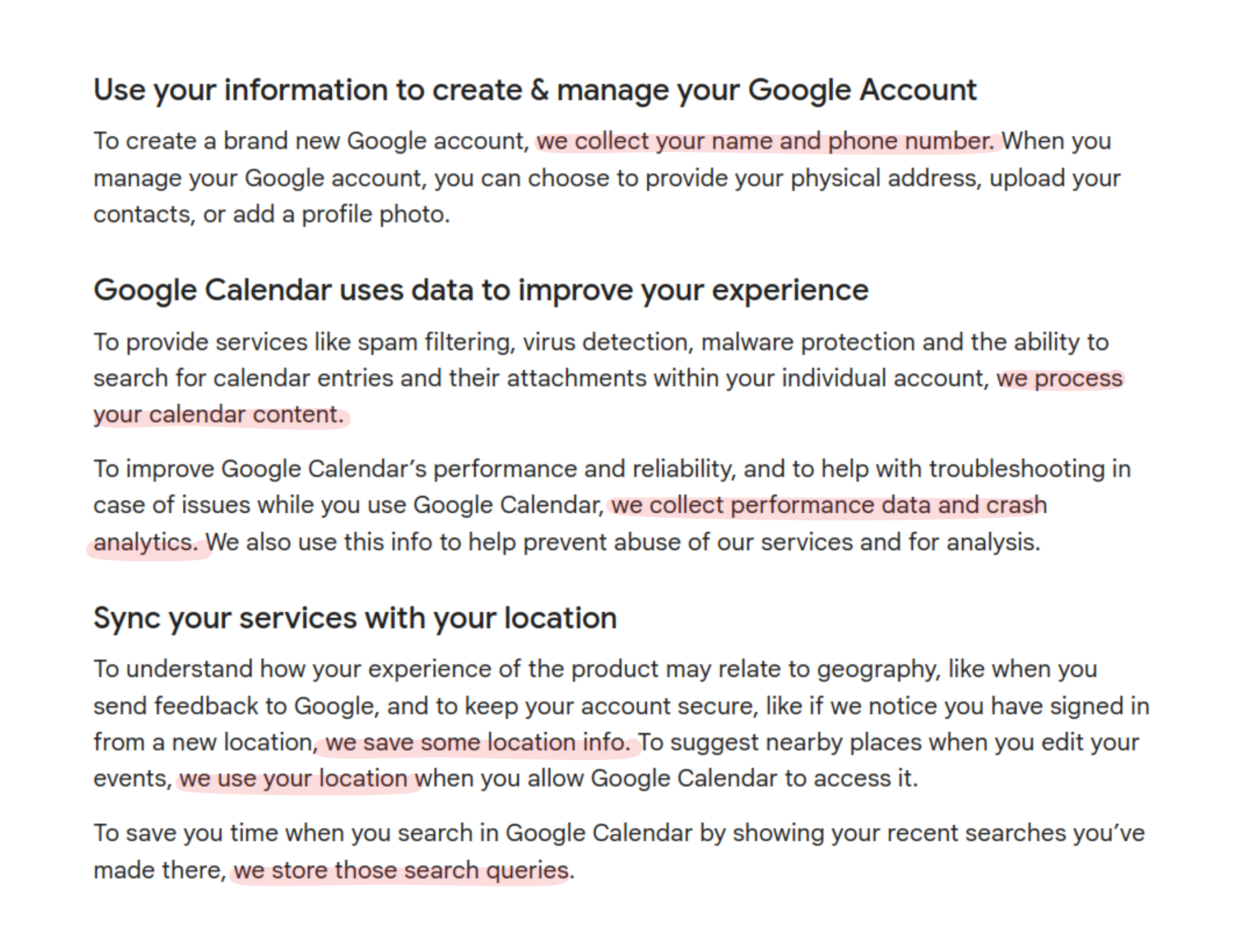 Screenshot taken from Google Calendar Help page detailing how Google uses your Calendar data