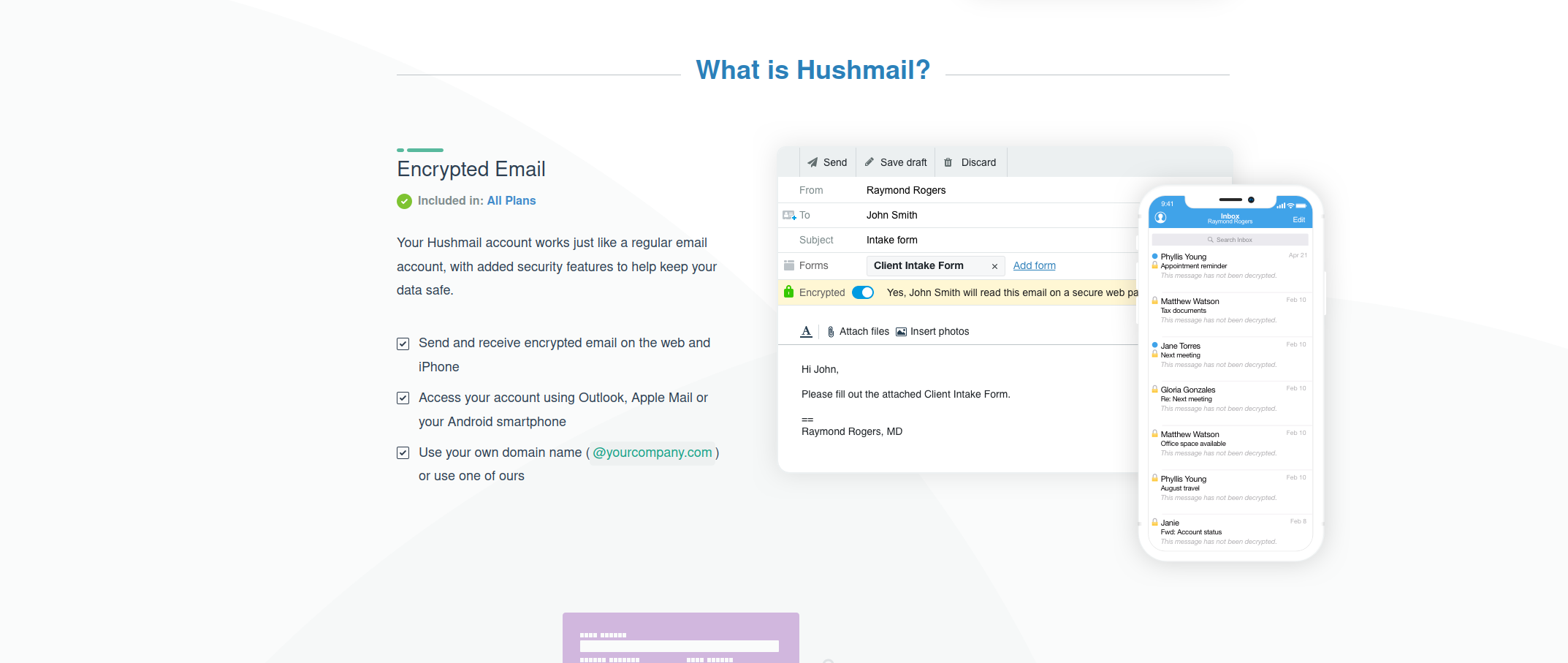 Screenshot of Hushmail, good private business email for healthcare and law professionals.