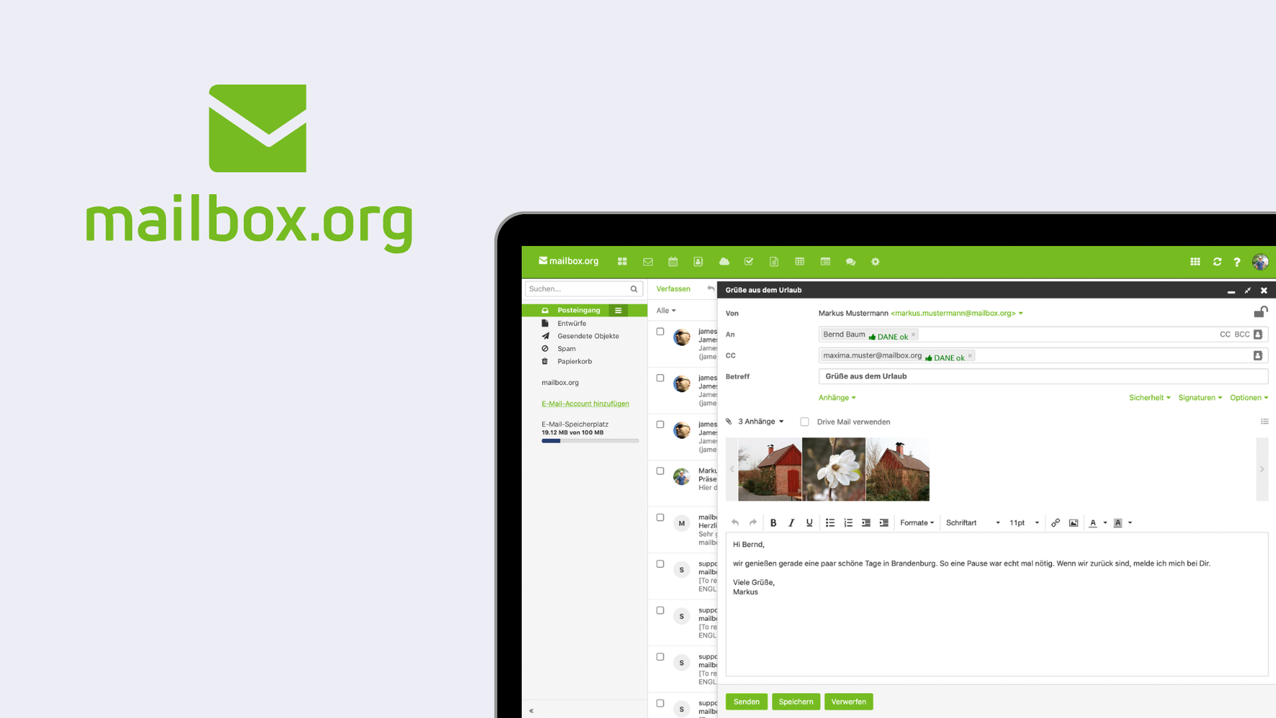 Screenshot von Mailbox.org - kostenpflichtige sichere E-Mail aus Deutschland mit Office-Tools, die auf Drittanbietertechnologie basieren.