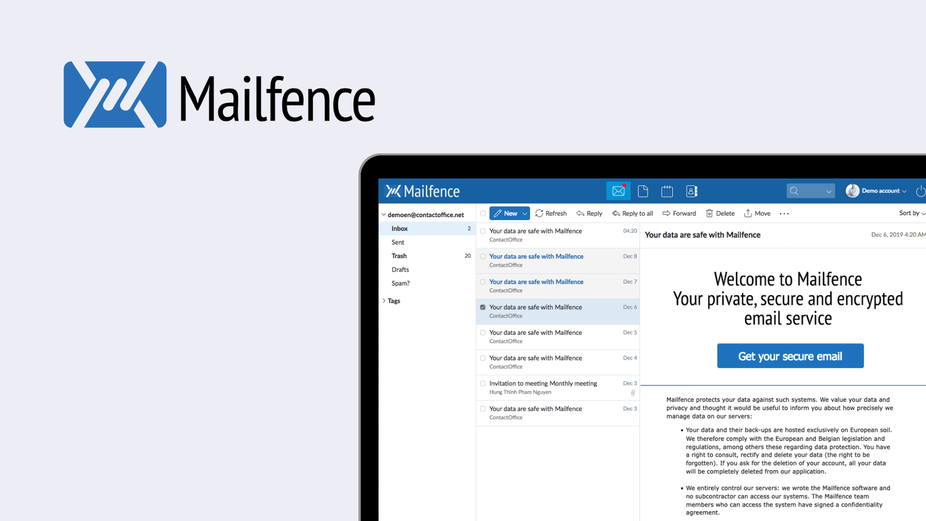 Screenshot von Mailfence: Guter privater E-Mail-Dienst mit Verschlüsselung, mit Sitz in Brüssel.