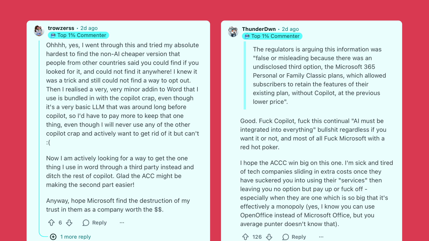 Screenshot of two Reddit user posts complaining about how they tried to find a cheaper version of Microsoft 365 without AI but couldn’t, and how they did not request or want to use Microsoft’s AI called Copilot. Image: Reddit.