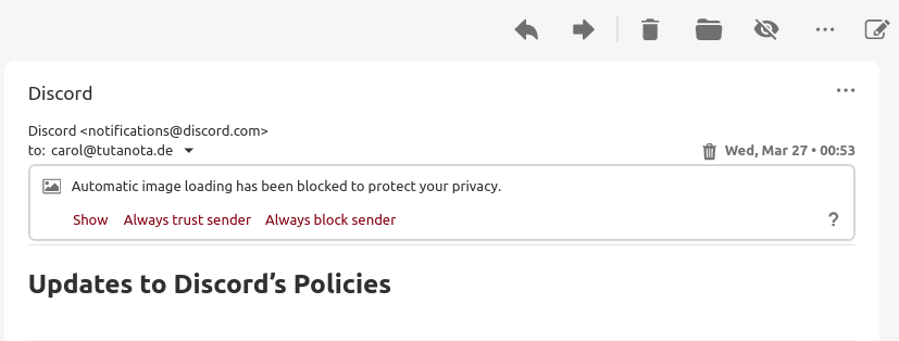 Screenshot of a Tuta email that blocks external content asking whether you want to “Show” the images, “Always trust sender” or “Always block sender.”