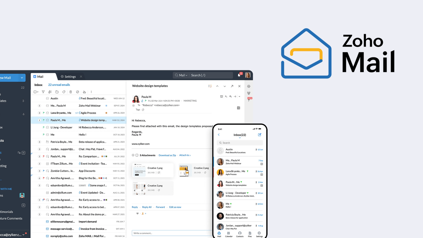 Screenshot of Zoho Mail - good business email solution with office solutions, made in India.