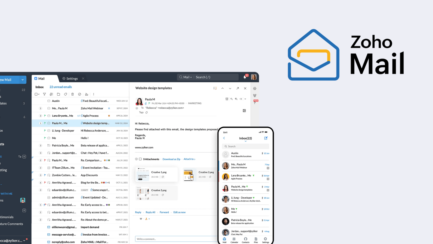 Screenshot von Zoho Mail - gute Business-E-Mail-Lösung mit Office-Lösung, made in India