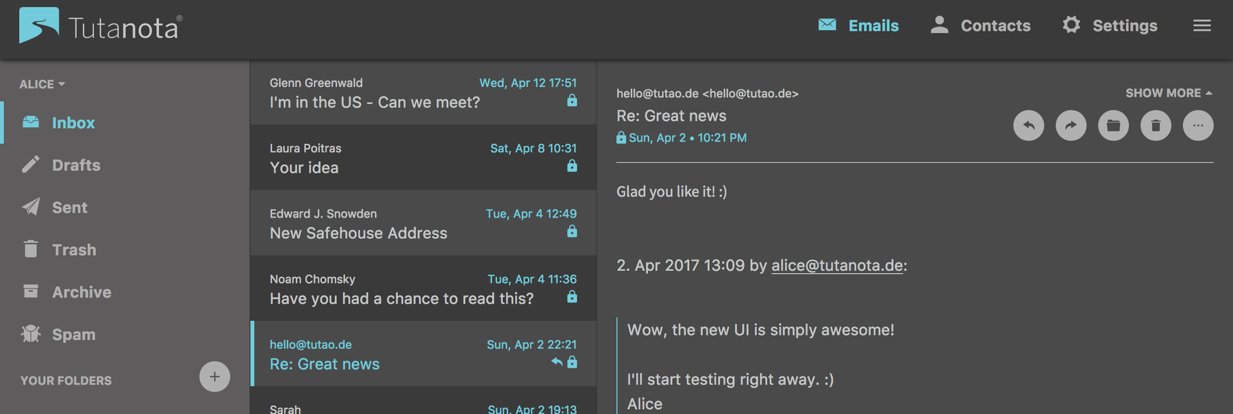 Screenshot Secure Mail Client: dark theme
