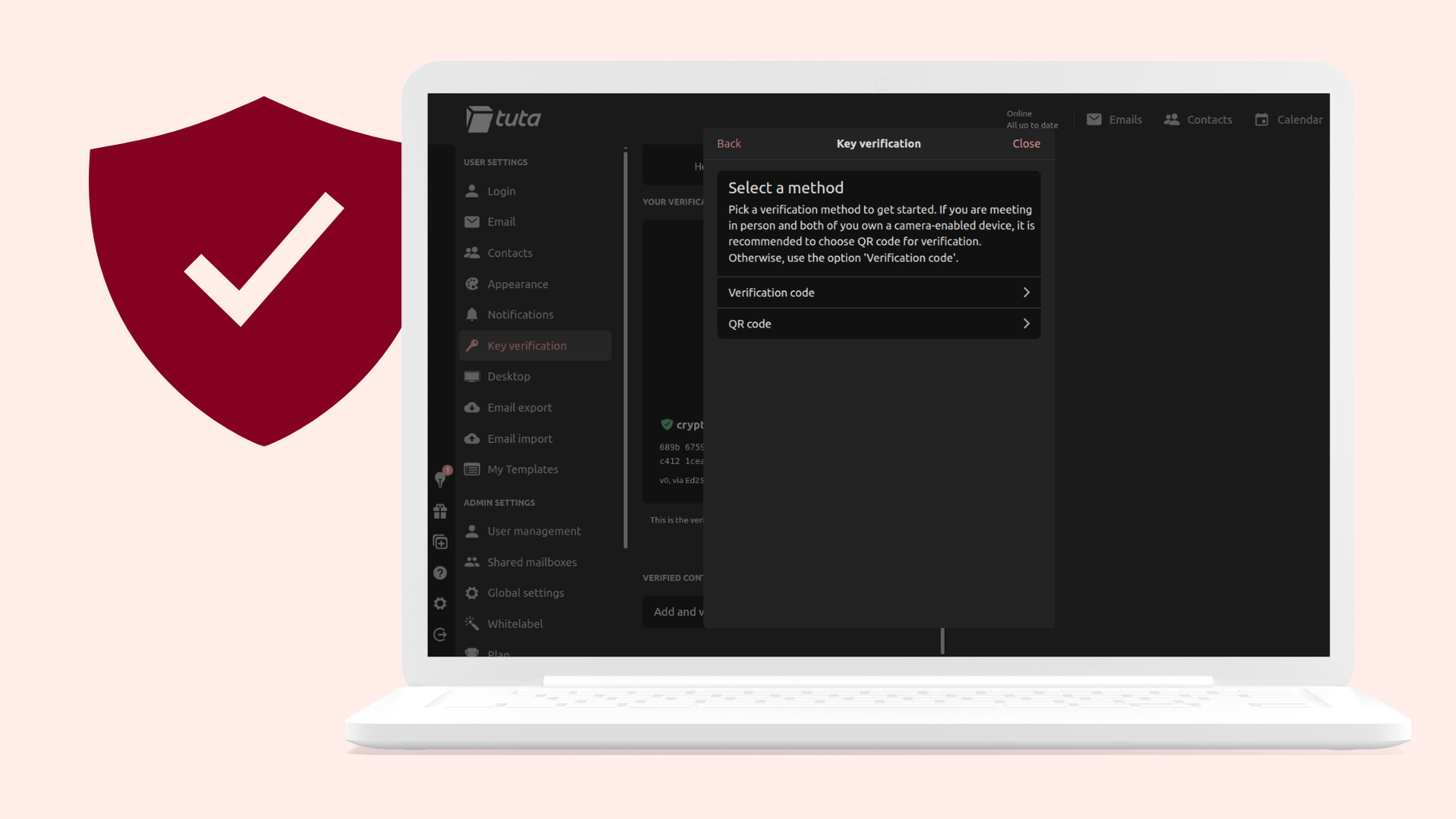 Key verification in Tuta: Select a method