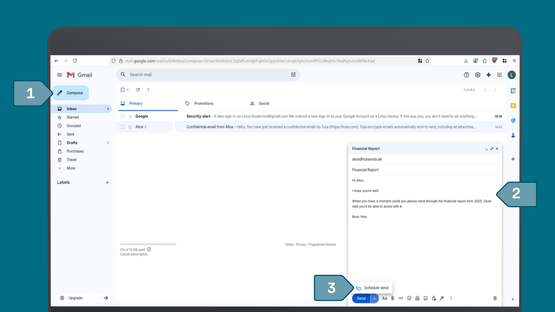 Screenshot of Outlook showing steps to schedule send an email, Step one: compose new email , step two: click down arrow next to send, step three: click schedule send and set date and time for your email to be sent