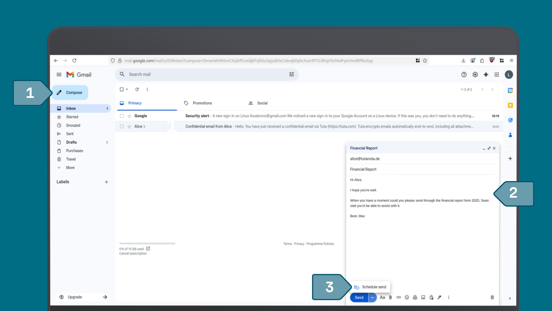 Screenshot of Outlook showing steps to schedule send an email, Step one: compose new email , step two: click down arrow next to send, step three: click schedule send and set date and time for your email to be sent