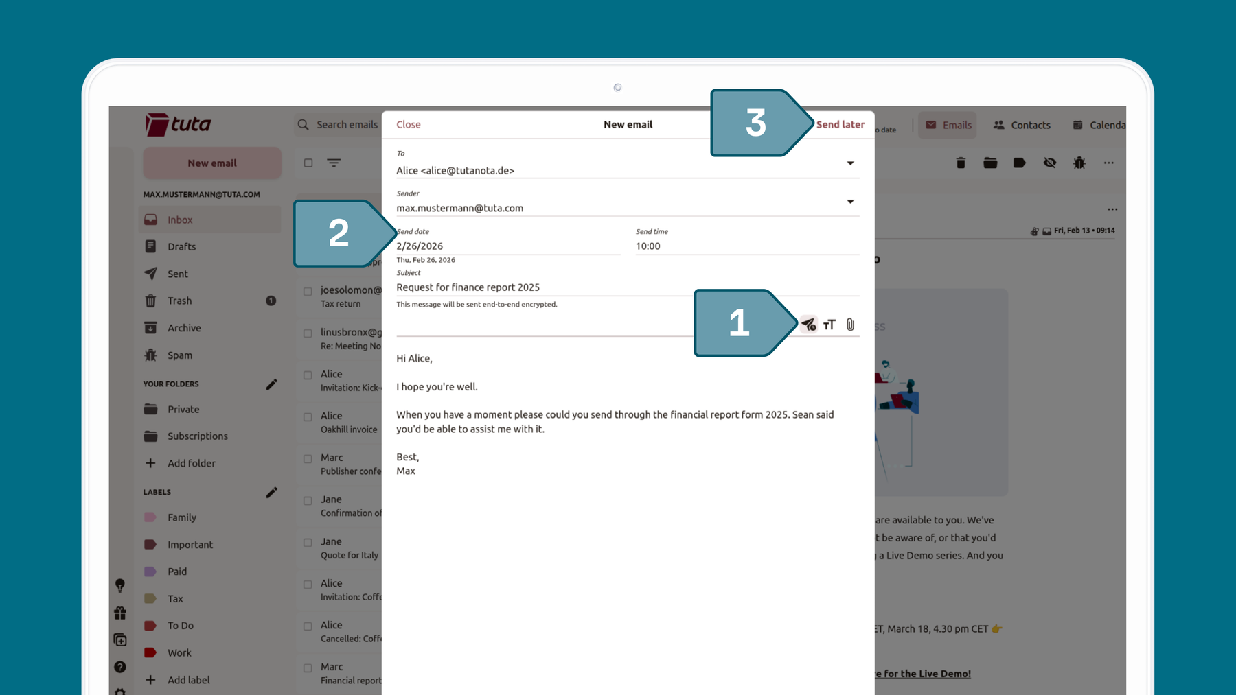 Screenshot of Tuta Mail showing steps to schedule send an email, Step one: click to open, step 2 .