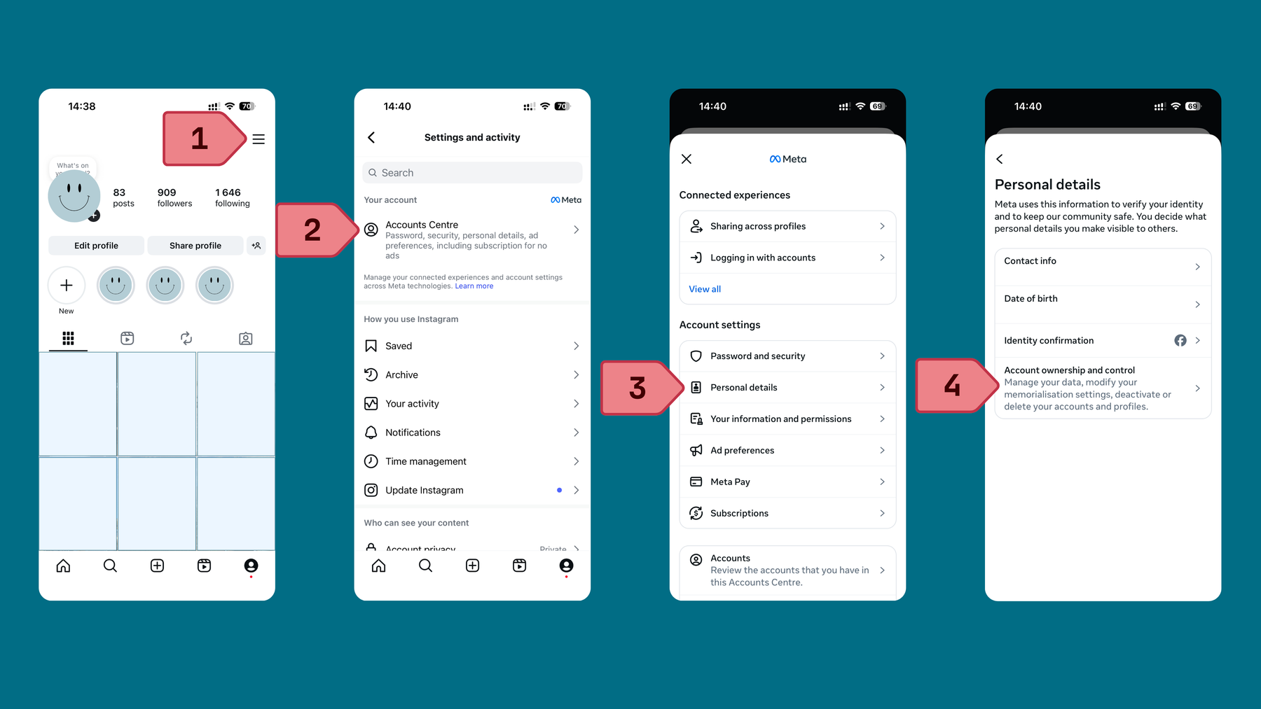 Steps to temporarily deactivate your Instagram account: open the app, go to your profile, click on the hamburger menu, accounts centre, personal details, account ownership and control.