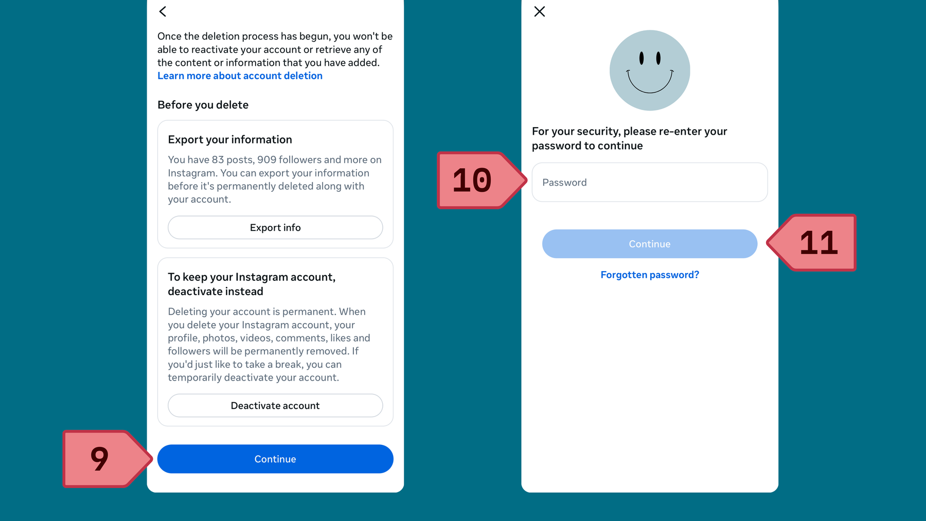 Steps to permanently delete your Instagram account: click continue, enter your password, click continue.
