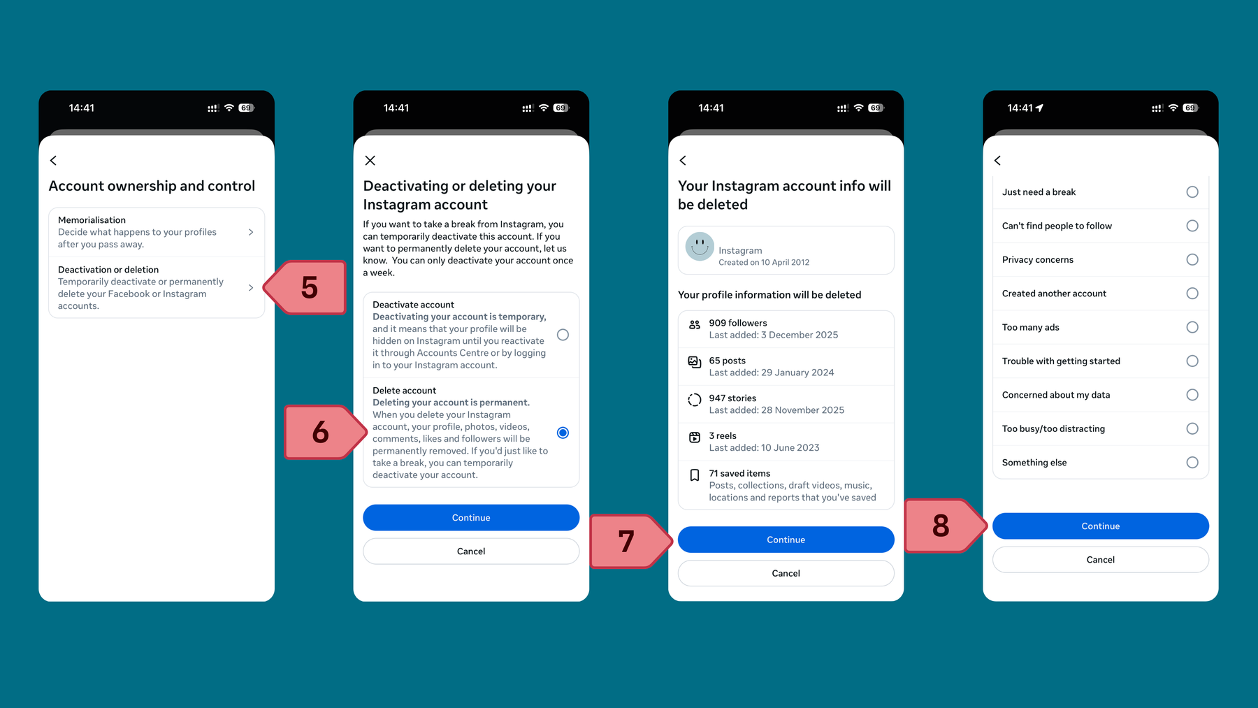 Steps to permanently delete your Instagram account: click deactivation or deletion, delete account, continue, and continue.