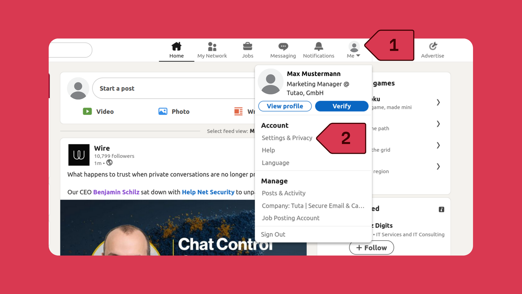 First steps to opt out and toggle off Data for Generative AI Improvement on LinkedIn in web browser: click profile picture, select Settings & Privacy.