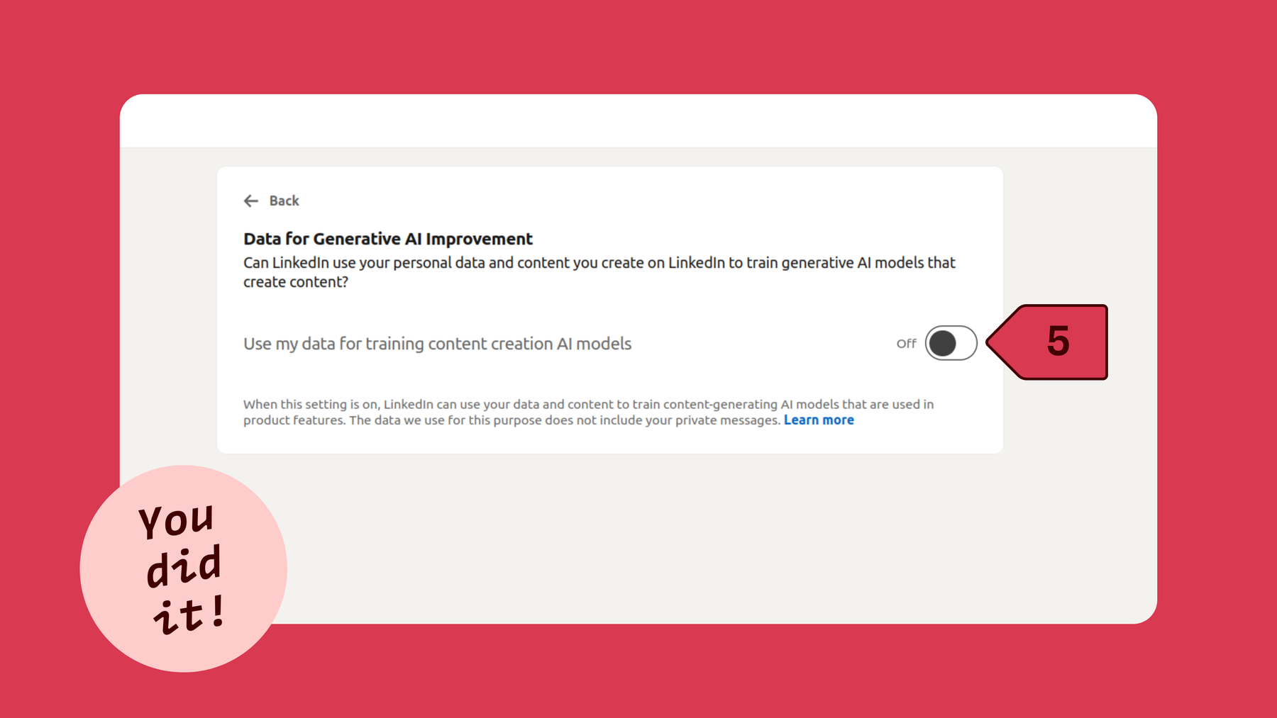 Dritter Schritt zum Deaktivieren und Ausschalten von „Daten für generative KI-Verbesserung“ auf LinkedIn im Webbrowser: Klicken Sie neben „Meine Daten für das Training von KI-Modellen zur Erstellung von Inhalten verwenden“ auf „Ausschalten“.