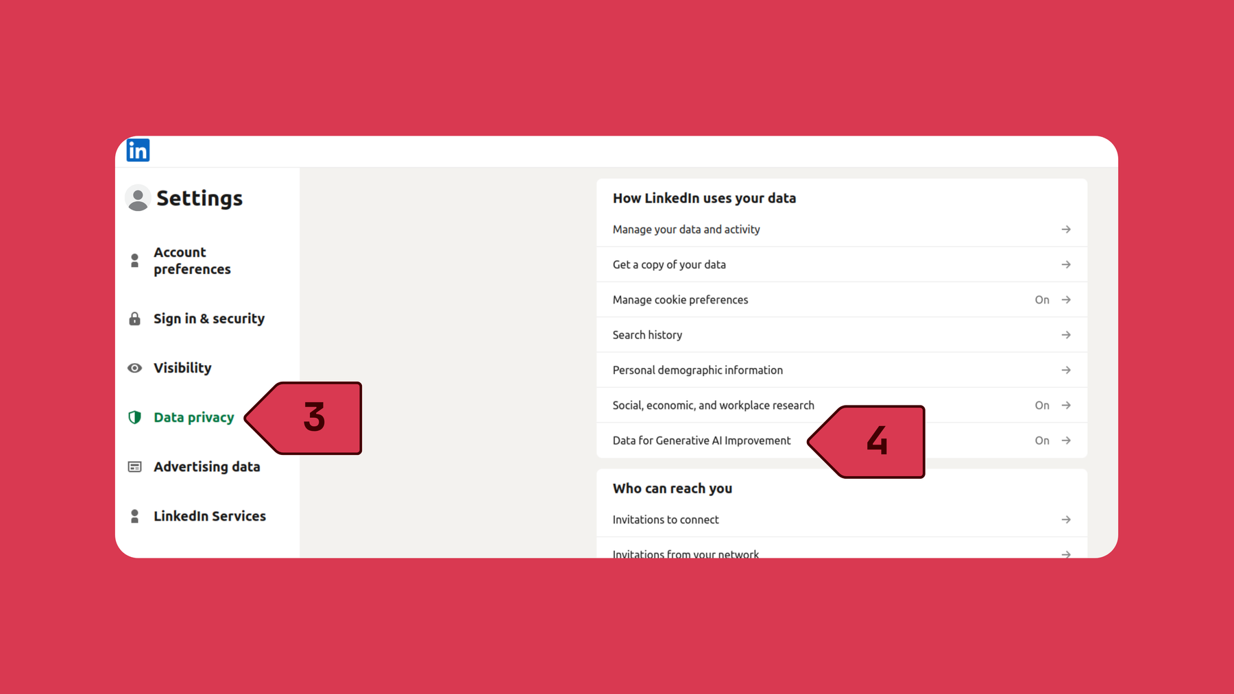 Second steps to opt out and toggle off Data for Generative AI Improvement on LinkedIn in web browser: click Data privacy, select Data for Generative AI Improvement.