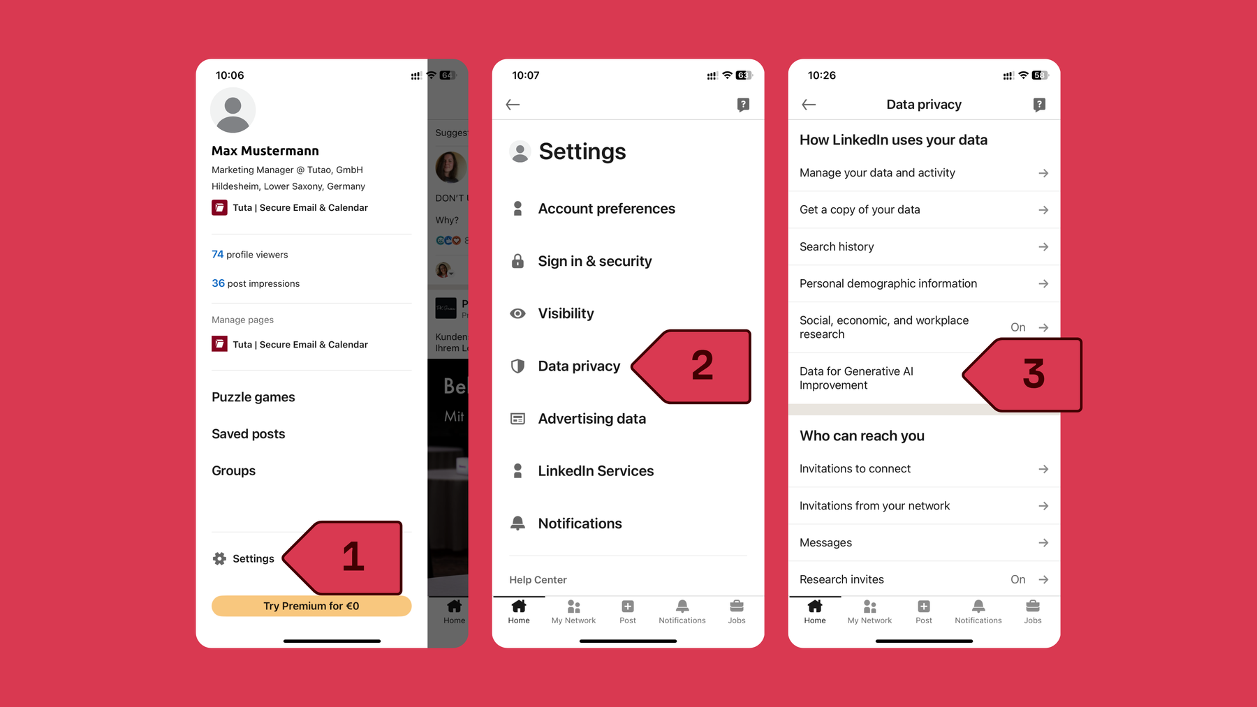 First steps to opt out and toggle off Data for Generative AI Improvement on LinkedIn from the iPhone App: Settings, Data Privacy, Data for Generative AI Improvement.